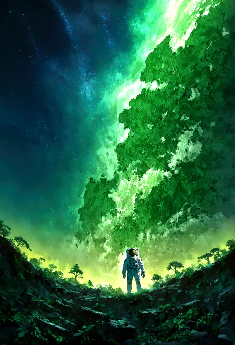 an astronaut standing on an alien planet filled with lush greenery, looking up at a destroyed earth in the sky. the planet's vib...