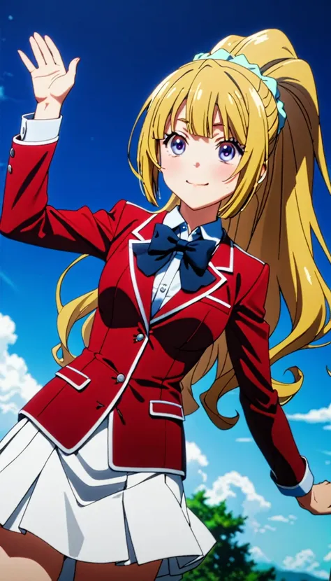 (8k, best quality, masterpiece,ultra detailed, ultra high res:1.2), BREAK (anime keyvisual:1.1), 1girl, Kei Karuizawa, Kei Karuizawa (youjitsu), long hair, ponytail, yellow hair, purple eyes, blue bow, hair scrunchie, medium breasts, red blazer,buttoned bl...