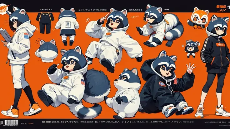 "Draw the animal raccoon wearing an astronaut suit in an anime chibi style. The astronaut suit should have orange details and a retro art deco design, slightly oversized to emphasize the chibi style. Create a character design sheet with the raccoon in diff...