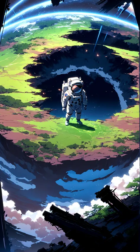 An astronaut standing on an alien planet filled with lush greenery, looking up at a destroyed Earth in the sky. The planets vibrant landscape contrasts with the broken and fragmented view of Earth, creating a surreal and poignant scene. Intricate details, ...