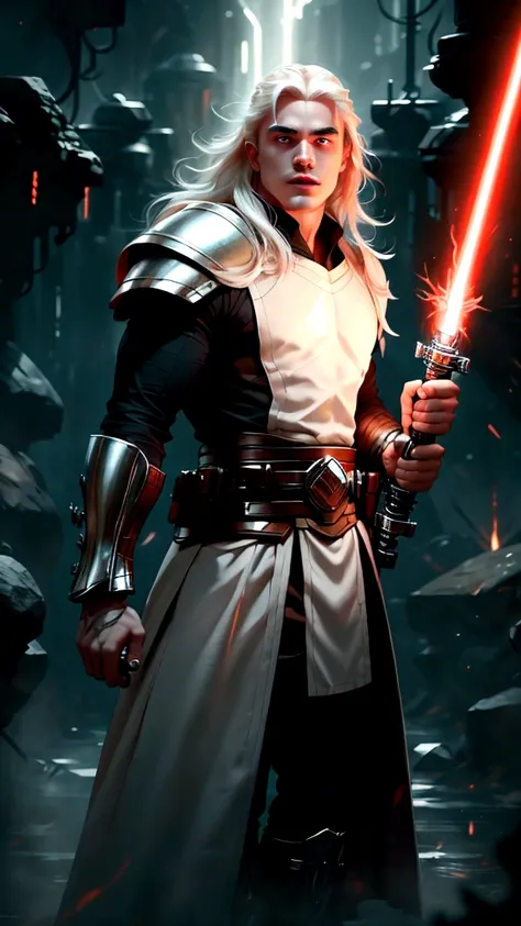 a 20 year old Albino of Anglo-Saxon descent with a pure white complexion and a smile, burly brawny Physique with only 3 fingers on both hands, Albino long hair with thick eyebrows and white eyes, holding his thick twohanded Greatsword lightsaber with red l...