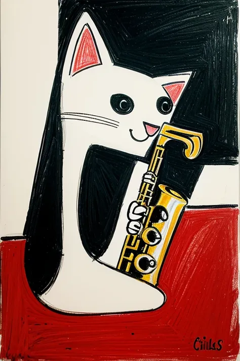 a childs drawing of an abstract cat playing a saxophone