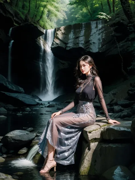 arafed woman sitting on a rock in front of a waterfall, next to a waterfall, standing near a waterfall, in a cave with the waterfall, waterfall backdrop, with waterfalls, with a waterfalls, high - end fashion photoshoot, gorgeous lady, curvaceous body, sol...