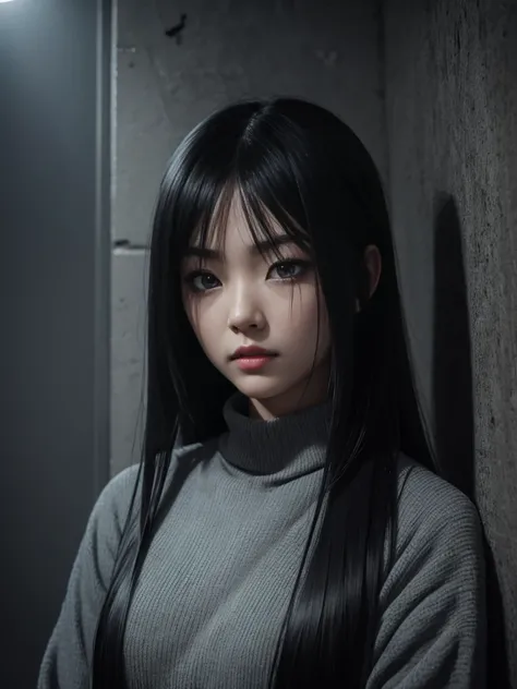 high angle american shoot, ultra-realistic textures, sensual style, a sinister but attractive humanoid puppet, Slim and creepy Sadako Yamamura style from The ring, scary pale grayish face, very long and straight black hair, wearing a shabby outfit with a b...