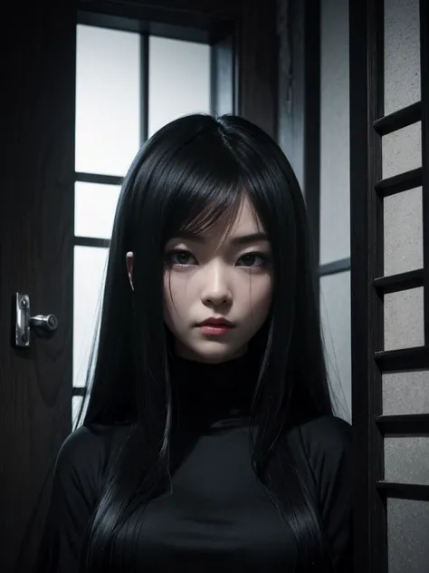 high angle american shoot, ultra-realistic textures, sensual style, a sinister but attractive humanoid puppet, Slim and creepy Sadako Yamamura style from The ring, scary pale grayish face, very long and straight black hair, wearing a shabby outfit with a b...