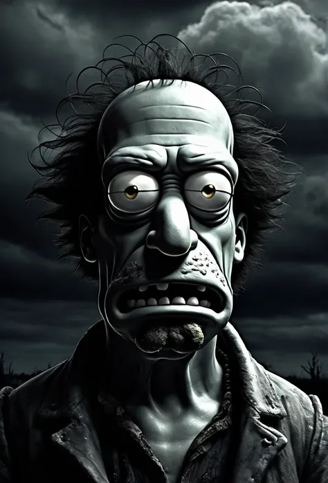 Close-up of ((Homer Simpson:1.3)), in a dark_fantasy style inspired by Tim Burton, portrayed as an apocalyptic zombie. Homer has ({pale and decomposing skin:1.5}), with ({empty and dark eyes:1.4}), and ({grotesque and stylized details:1.3}) typical of Tim ...