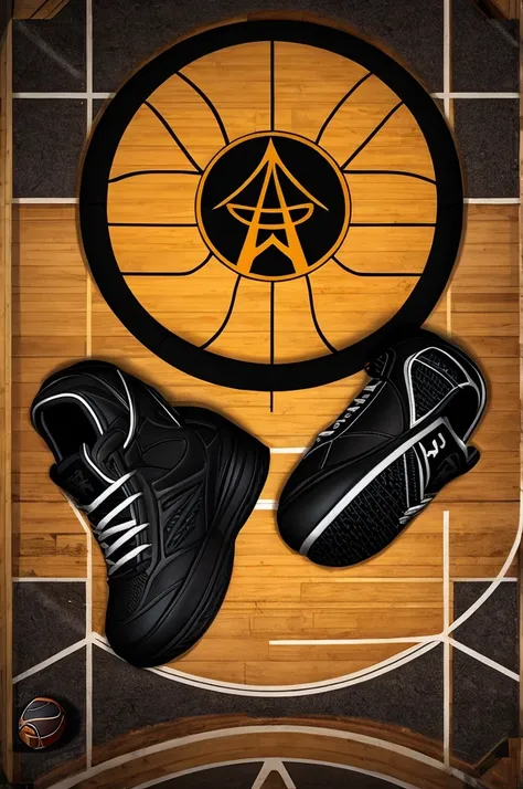 generates a striking logo of all-black animated sneakers floating on a basketball court 