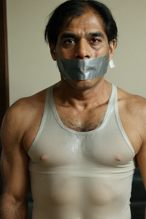 Old Indian man, old indian men , men white singlet, hairy chest, short hair, white singlet, tape gag, tapegag