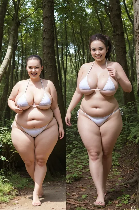 (Thai woman),(((bikini))),((( plus-size woman,curvy waist,overweight,masterbate herself))),(highponytail),(forehead),(smile:1.5),(inside the forest in the background:1.3), (playing her tits),(in the morning light),(hyperrealistic),(funny),(full body shot),...