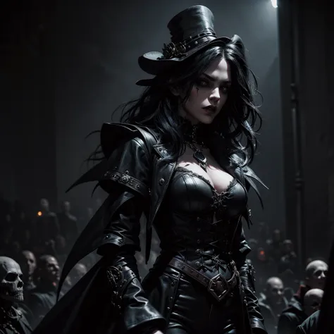 A dark vampiress,steampunk clothes,on stage,undead audience,charming facial features,alluring expression,dramatic lighting,cinematic camera angle,high contrast,moody color palette,dark fantasy,gothic,dramatic,chiaroscuro