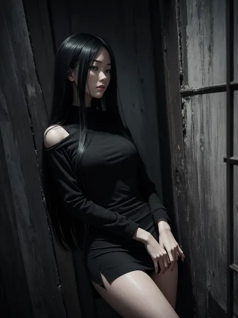 high angle american shoot, ultra-realistic textures, sensual style, a sinister but attractive humanoid puppet, Slim and creepy Sadako Yamamura style from The ring, scary pale grayish face, very long and straight black hair, wearing a shabby outfit with a b...