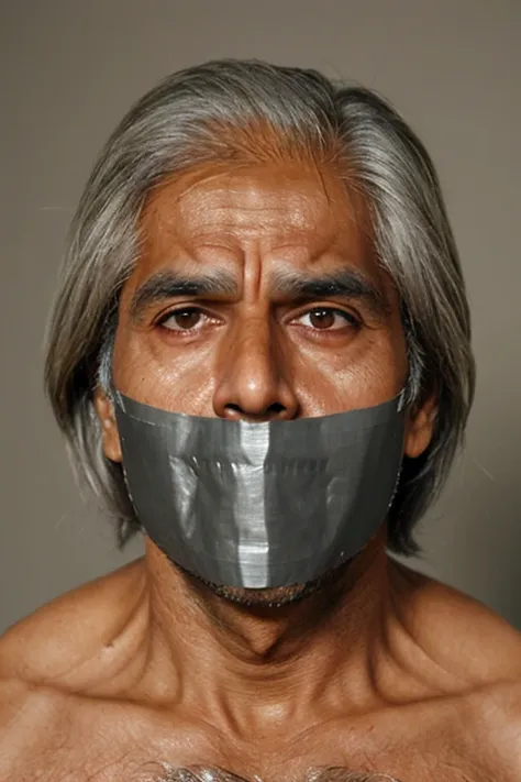 old indian man, old indian men , men white singlet, hairy chest, short hair, white singlet, tape gag, tapegag