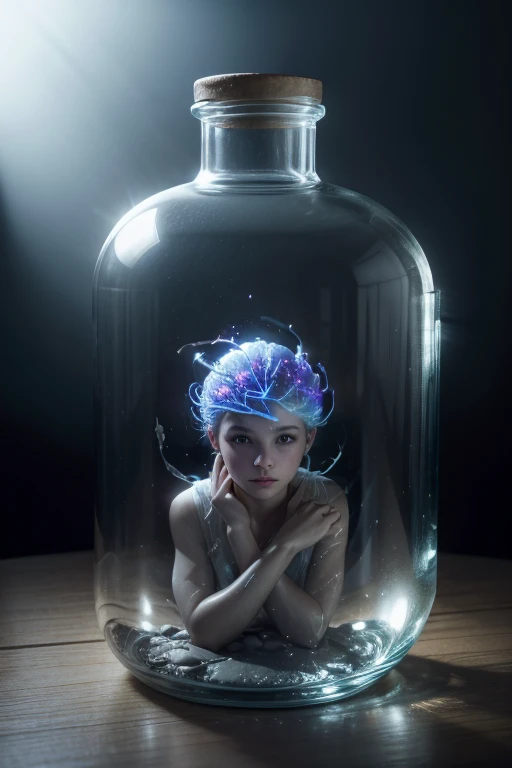 Style fantasy, a human brain growing in a glass jar in a therapy room, bottle filled with a translucent and opaque liquid, realistic natural brain, lid not bottle, volumetric lighting and fog effects to enhance the mystical atmosphere, incredibly beautiful...