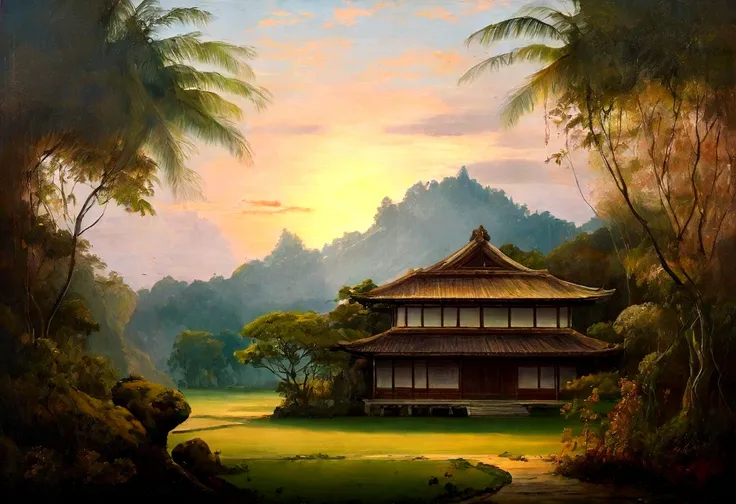 painting landscape of a tropical forest with medieval japanese building in background, trees, vines, beutiful landscape, full of...