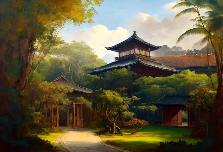 painting landscape of a tropical forest with medieval japanese building in background, trees, vines, beutiful landscape, full of tropical trees, faded color, silky oil paint