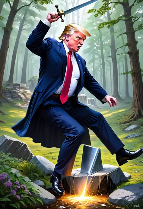 A  photo realistic painting inspired by arthurian legend of Donald Trump pulling the mythic sword from the stone. as Joe Biden falls to his knees in fear, his devilish plans thwarted.
