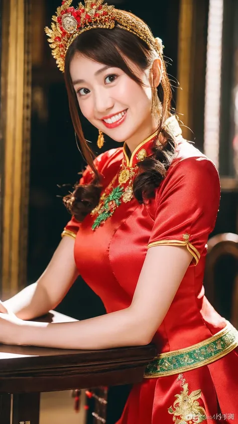 (8K, RAW Photos, Highest quality, masterpiece: 1.2), ((Large Breasts:1.2)),(Realistic, Realistic: 1.37), 1 Girl, Wearing a red dress and headdress、A woman taking a photo, Gorgeous roleplay, Beautiful costumes, China dress, Complicated Dress, Complicated co...