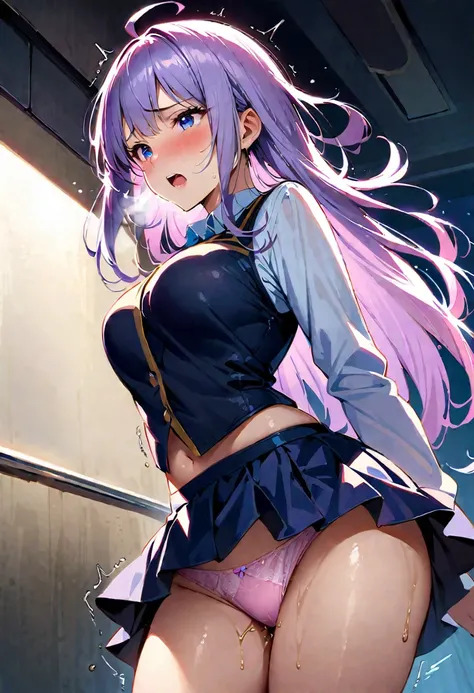 nsfw、I want to pee、Peeing、Peeing in your pants、Pee bun、Girl、Anatomically correct,Love juice、Eroticなパンティ、Light blue underwear、See-through underwear、Pleated skirt, The skirt is flipped by the wind, (Shiny light blue satin panties:1.2)、(Shiny pink satin panti...