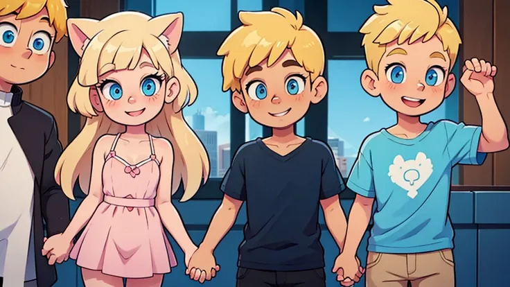  1 boy, 1 girl, both have blonde hair and blue eyes, folded dog ears. boy has flat chest, girl has big chest. holding hands, smiling, siblings. boy has short hair, girl has long hair.