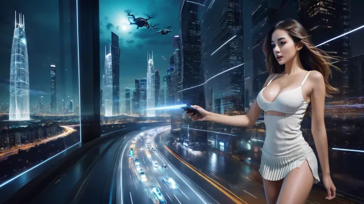 aerial view. Estilo: arte conceitual. A cena: Futuristic cityscapes with all-glass towering skyscrapers and (((sleek aerodynamic vehicles))) speeding through the air, 1drone. High-resolution OLED GUI interfaces in the building, The windows are filled with ...