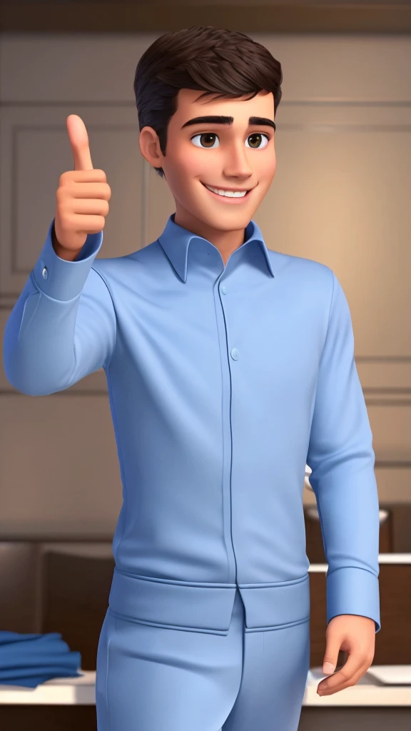 Young man with dark hair, brown eyes, wearing dark blue business clothes, smiling, showing thumb up, realistic, cartoon style