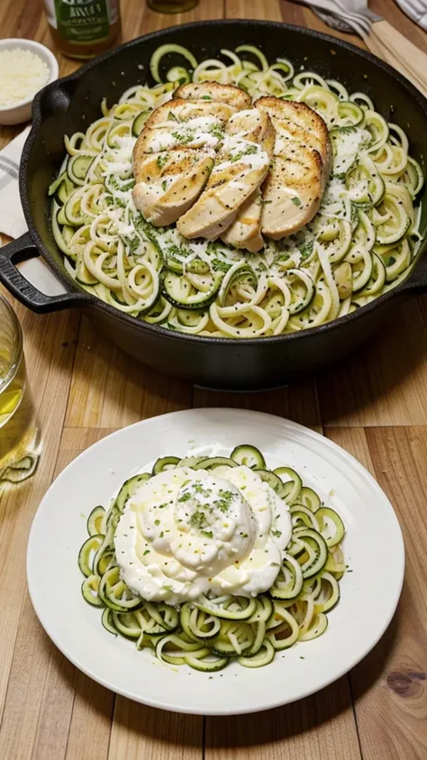 Keto Chicken Alfredo with Zoodles

Ingredients:

	•	2 medium zucchinis
	•	2 boneless, skinless chicken breasts
	•	2 tablespoons olive oil
	•	Salt and pepper to taste
	•	2 cloves garlic, minced
	•	1 cup heavy cream
	•	1/2 cup grated Parmesan cheese
	•	1/4 c...