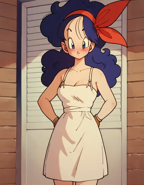 lunch (dragon ball) blue hair, standing, shy, face of shame, blushing, dress 3/4, sideways, hands on hips, nude, drop nice perfe...