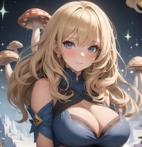 a beautiful 20 year old blonde woman with big messy hair in a blue dress, white stockings, black headband, cleavage, holding a glowing mushroom, fantasy art style, highest quality, masterpiece, 8k, 超A high resolution, beautiful face, 