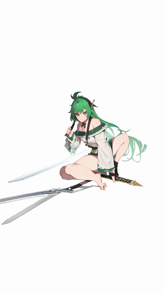 Green hair big chest big ass mouth with lipstick short clothes sitting on the floor with sword in hand 