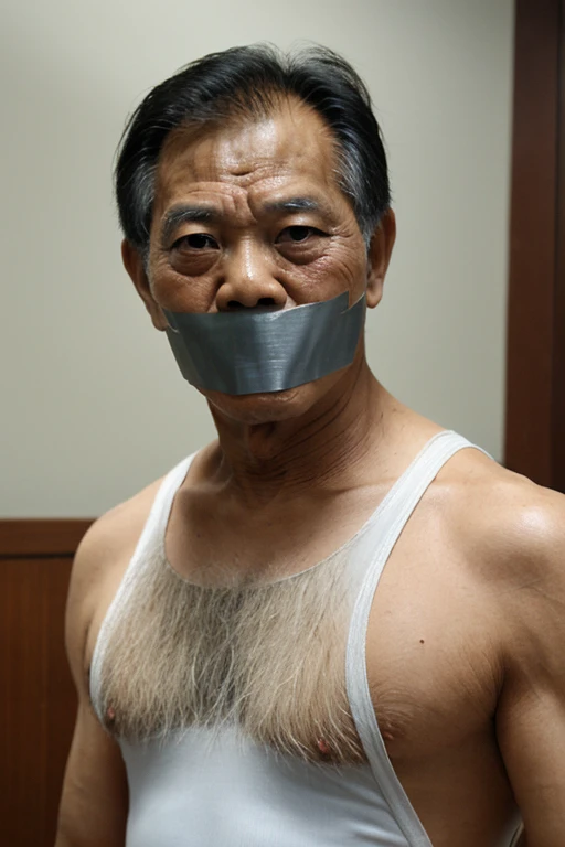 Old malay man, old malay men , men white singlet, hairy chest, short hair, white singlet, tape gag, tapegag , men singlet