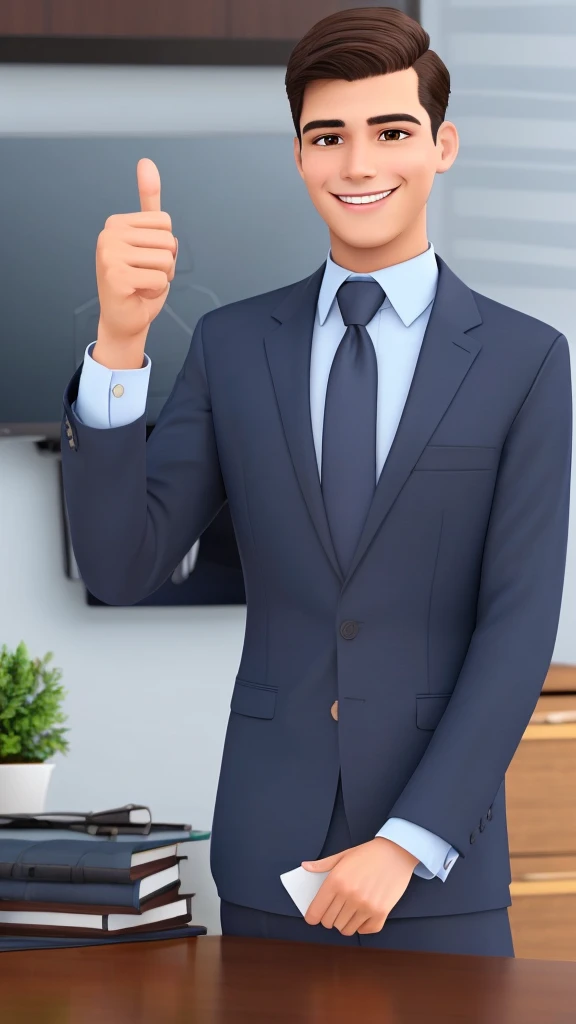 Young man with dark hair, brown eyes, wearing dark blue business clothes, smiling, showing thumb up, realistic, cartoon style