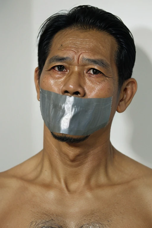 Old indonesian man, old indonesesian men , men white singlet, hairy chest, short hair, white singlet, tape gag, tapegag , men singlet