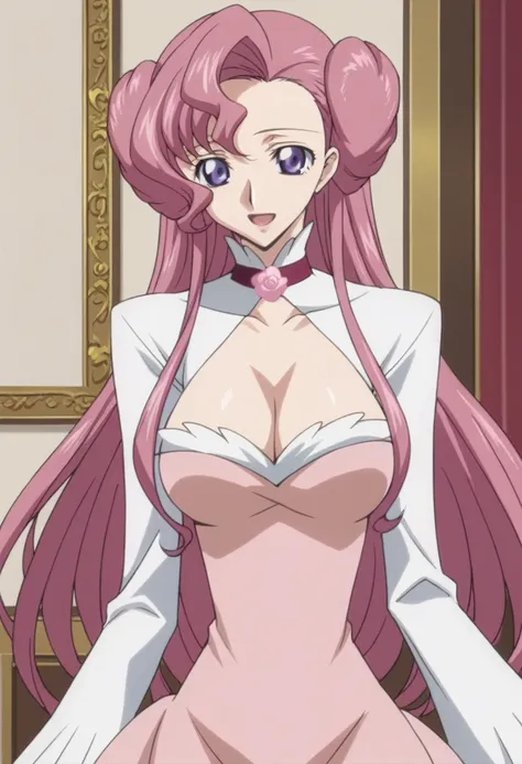 score_9, score_8_up, score_7_up, source_anime, best quality, masterpiece, rating_explicit, uncensored, anime screencap, megami magazine, BREAK, euphemia li britannia, code geass, pink hair, long hair, purple eyes, double bun, large breasts, cleavage, pink ...