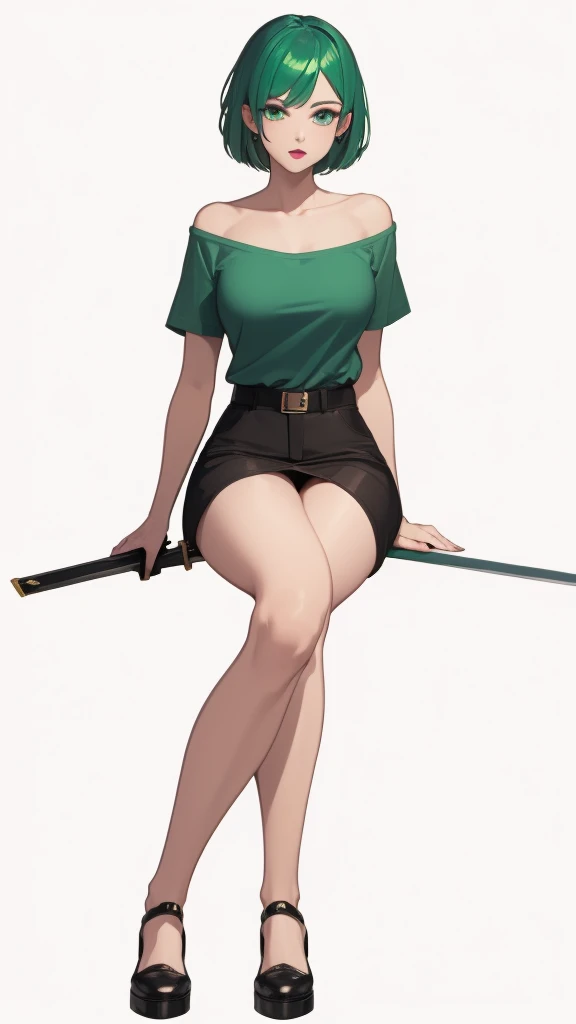 Green hair big chest big ass mouth with lipstick short clothes sitting on the floor with sword in hand 