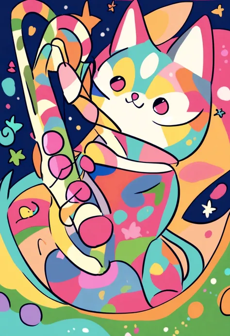 a childs drawing of an abstract cat playing a saxophone