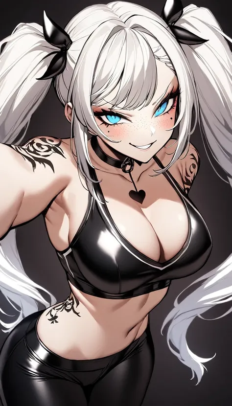 1 Girl, Black Sports Bra With Large White Trim, Black Sports Pants With Large White Trim, Medium Breasts, Blue Eyes, Nice Eyes, Platinum White Hair, Twin Tail Hair Style, Pale White Skin, Smooth Skin, Face Freckles, Leather Straps on Thighs, Nice Cleavage,...