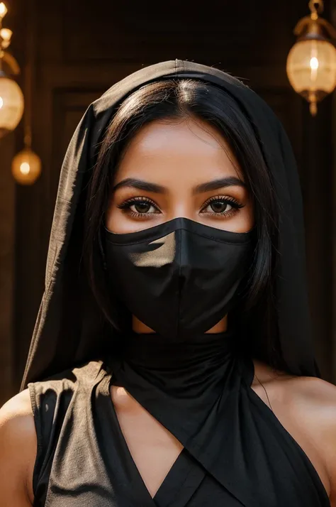 A queen her face is covered with black beutiful mask and her eyes is very beautiful and she is holding so much grace in his eyes like she is telling a story through her eyes