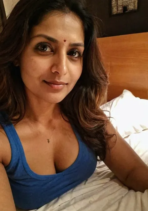 iphone night mode photo, pretty indian innocent mature mom, fair white skin, curvaceous body, lying in bed, takig selfie, at nig...