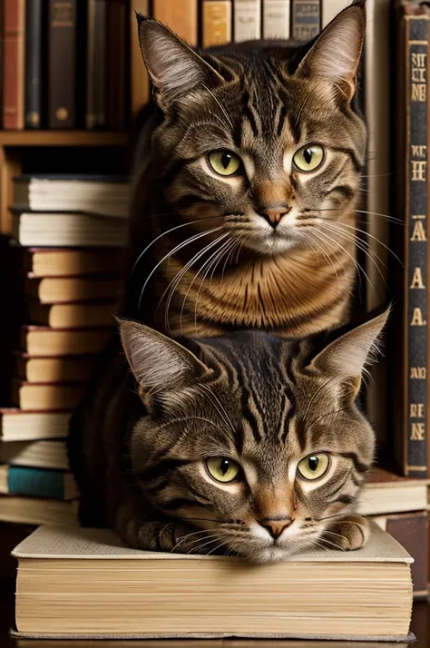 Create image of a cat looking at a stack of books,with a raised eyebrow. Let the expression be noticed. 