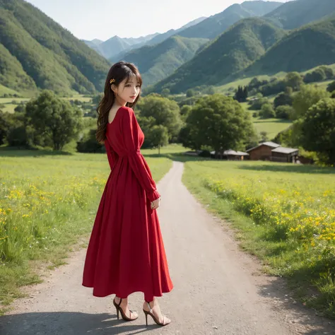 Woman in red dress、valley