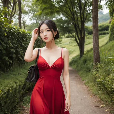 Woman in red dress、valley