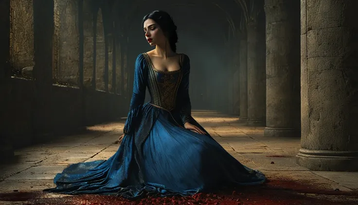 (((medieval style))), image of a princess in a blue dress waking up on the floor scared with her lips bleeding, bill henson, bla...