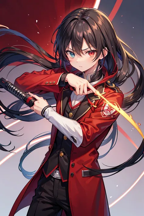 anime boy in a red suit pointing at the camera, anime cover, anime style like fate/stay night, hijikata toushirou, by Jin Homura, handsome anime pose, yandere, yandere. tall, anime visual of a cool guy, inspired by Munakata Shikō, anime moe artstyle, black...