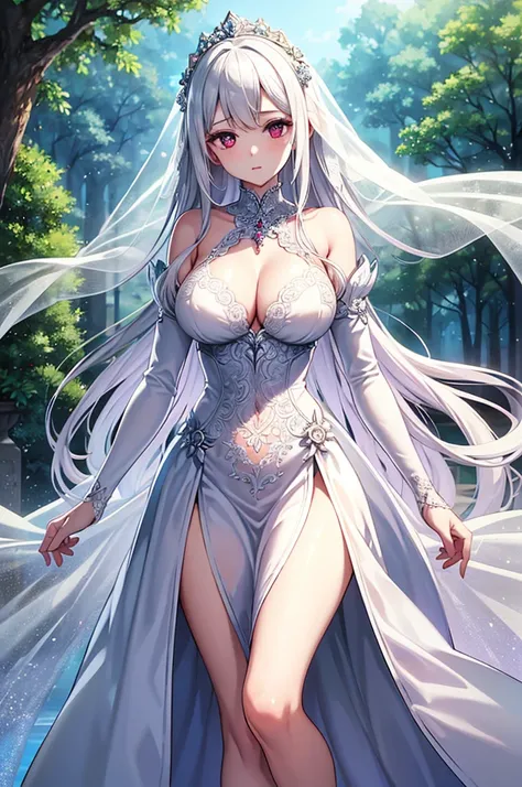 1 girl、work of art、maximum quality、Delicate and gorgeous、White hair、Beautiful and delicate long hair、long veil、breasts big、Delicate and gorgeous white lace dress、Dress embellished with jewels、Beautiful garnet eyes、Enchanted breasts、Enchanted thighs、Delicat...