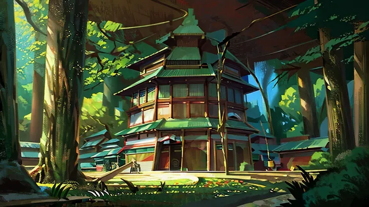 oriental building, masterpiece, japanese, forest, rainforest