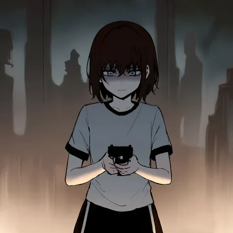 make me a girl, 16yo, sporty shirt and sporty shorts, gun in her hands, neutral face, dark brown short hair, grey eyes, horror background scenery