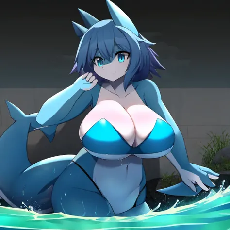 shark girl, furry, Shark tail, cute molecule, big breasts, good quality, Resolution, good face, The desired good image, running water, good shadow details, shade,Wet,