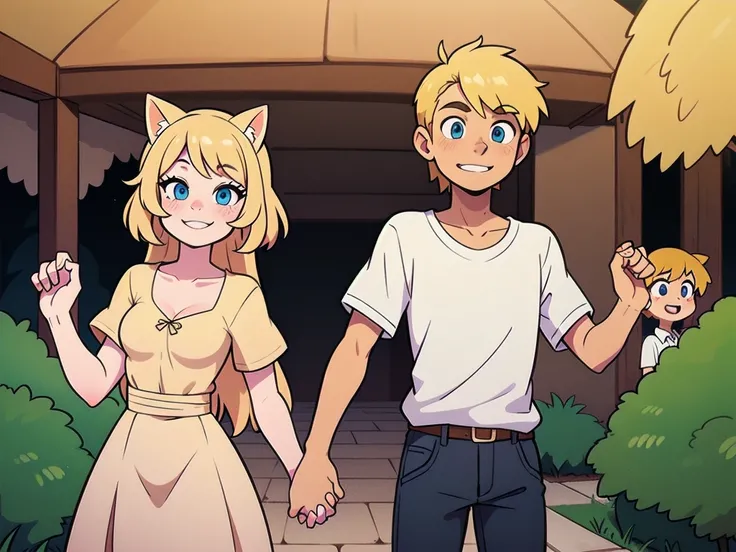 FrankieFoster, FostersStyle, Two siblings, one boy and one girl, both with blonde hair and blue eyes. They have folded dog ears. The boy has a flat chest and short hair, while the girl has a large chest and long hair. They are holding hands and smiling