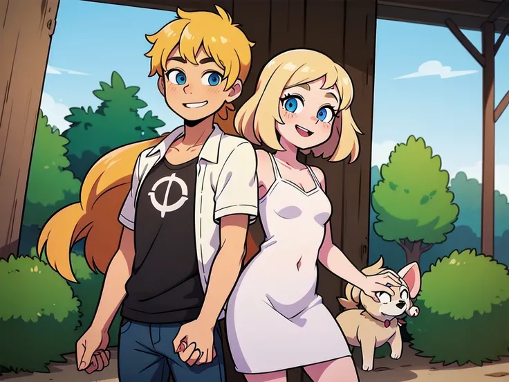 FrankieFoster, FostersStyle, Two siblings, one boy and one girl, both with blonde hair and blue eyes. They have folded dog ears. The boy has a flat chest and short hair, while the girl has a large chest and long hair. They are holding hands and smiling