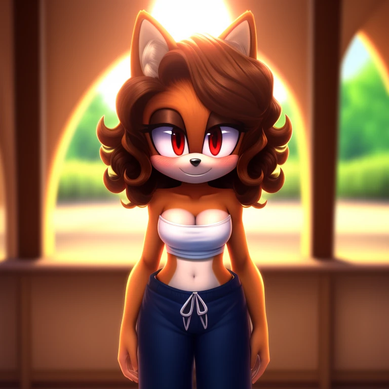 mobian, solo, hedgehog, two-tone fur ((orange fur, brown fur)), strapless crop top, baggy pants, cleavage, two-tone hair (brown hair, black tip)), curly hair, halo, sunglasses, jewelry, red eyes, longeyelashes, red eyes, smile, shy, blush,  framed, stereog...